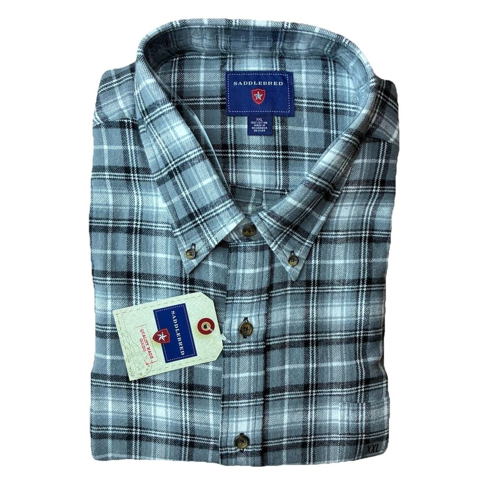 NWT Saddlebred Flannel Shirt Mens XXL Grey Black Plaid Long Sleeve Button-Down